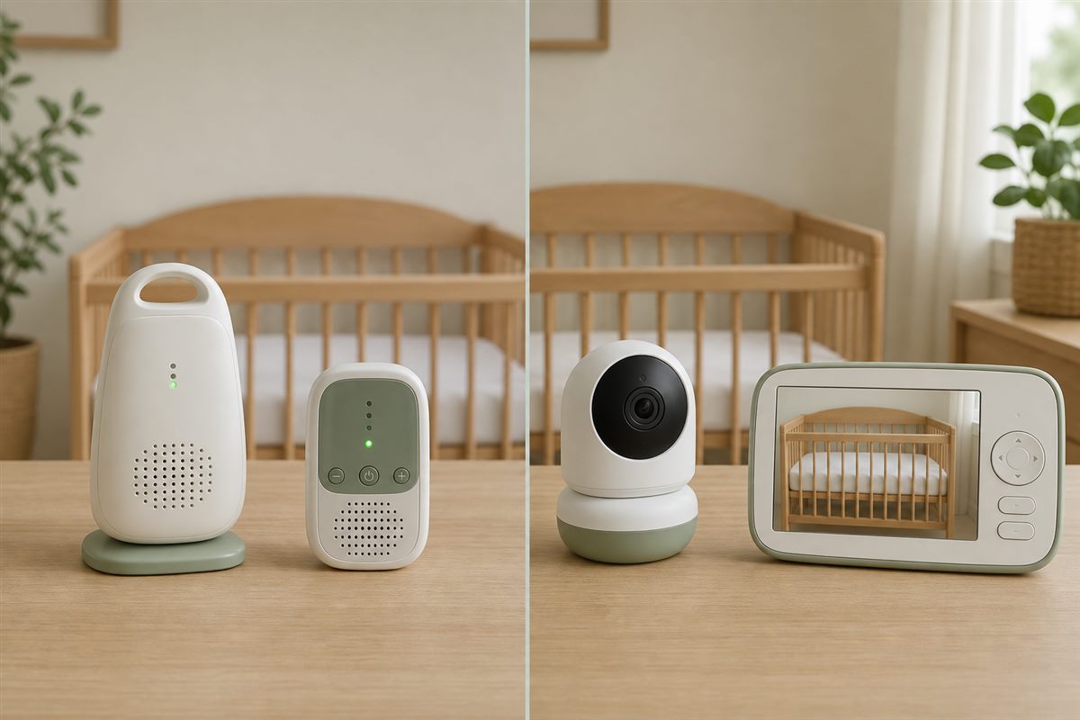 Audio-only baby monitor and receiver juxtaposed with a video baby monitor camera and dedicated screen