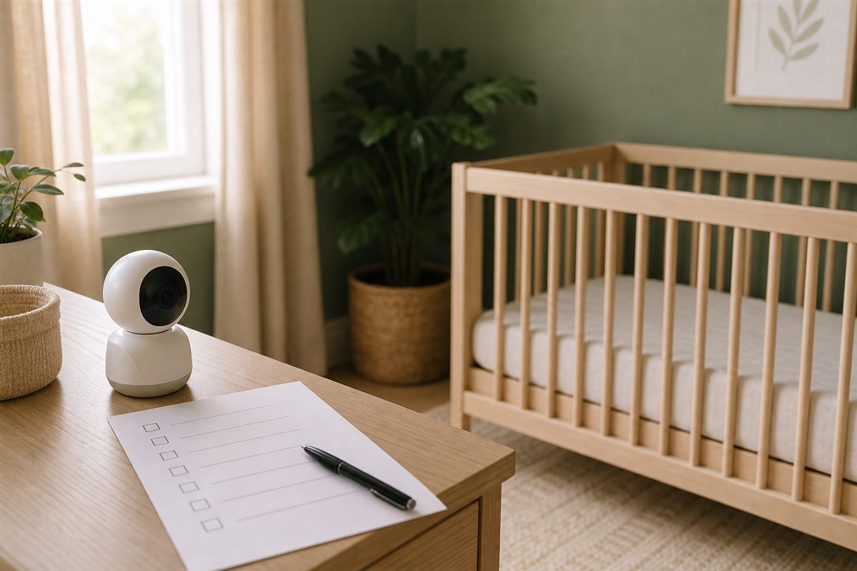Baby monitor placed on a nursery dresser beside a buying checklist, safely away from an empty crib