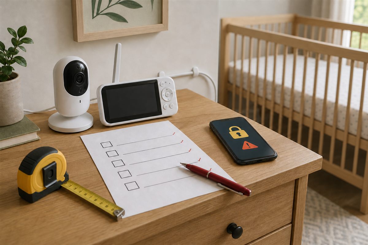 Baby monitor, security warning, measuring tape, and five-item checklist used to review common buying and setup mistakes