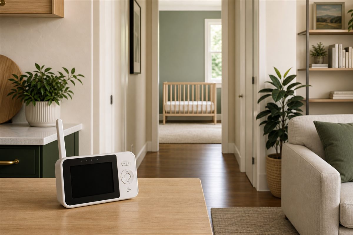 Baby monitor in a living area with an empty nursery visible down a long hallway, illustrating when home distance may justify monitoring