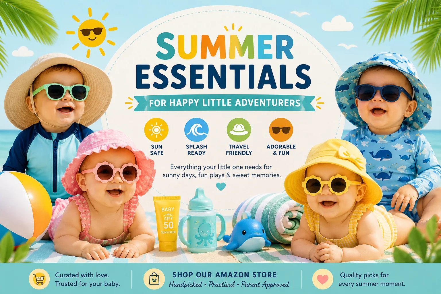 Babies and toddlers wearing sun hats, sunglasses, rash guards, and summer gear promoting summer safety essentials.
