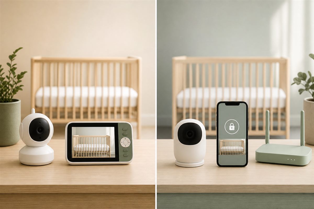 Non-WiFi baby monitor and dedicated parent unit juxtaposed with a WiFi baby monitor, smartphone, and home router